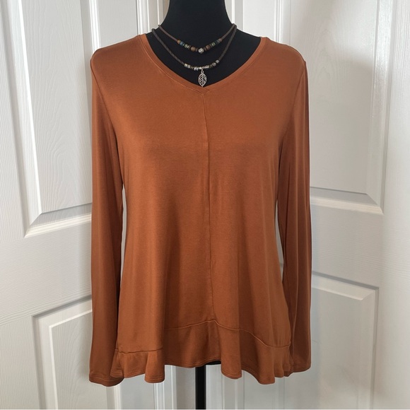LOGO Rust Knit V-neck Long Sleeve Flared Hem Top M - Picture 6 of 8